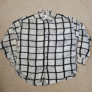 Vintage 90s Body Equip Long Sleeve Shirt Rayon Black White Spiral Square Large